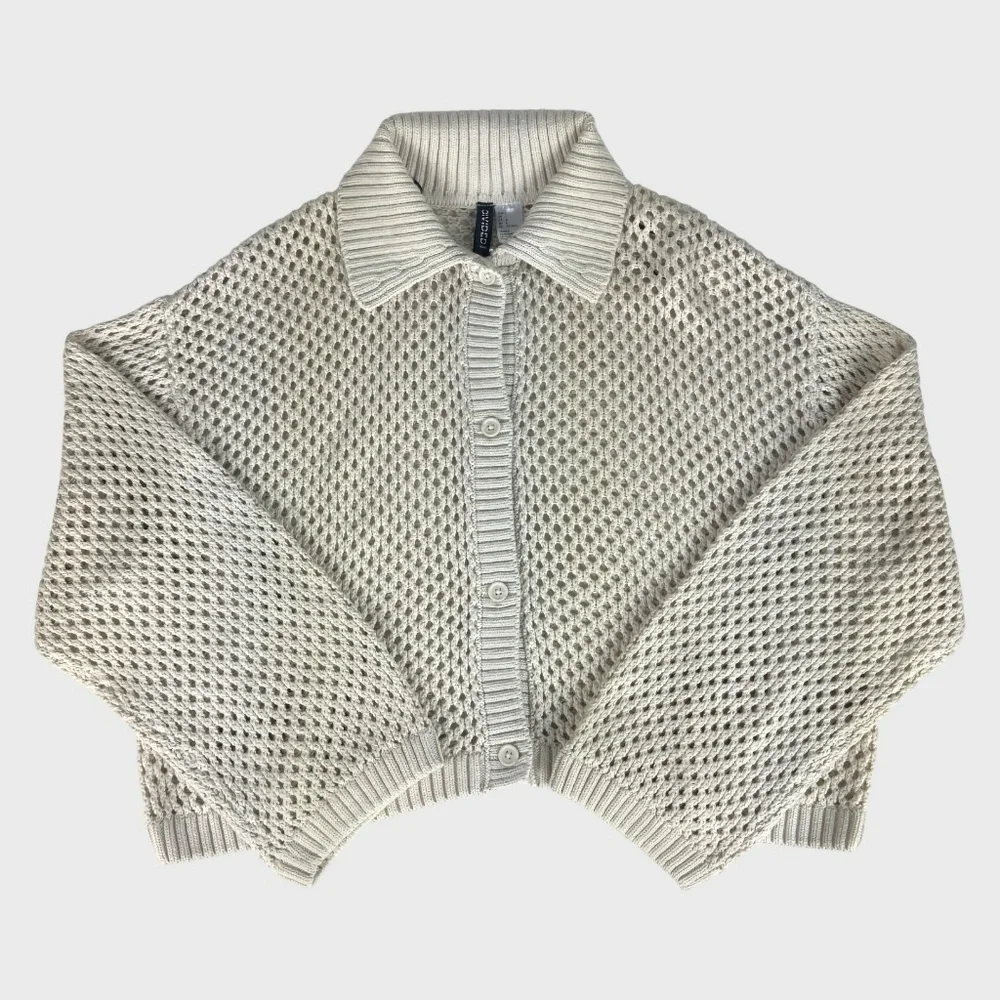 H&M Beige Open-Knit Button-Down Cardigan with Ribbed Collar - Picture 4 of 10